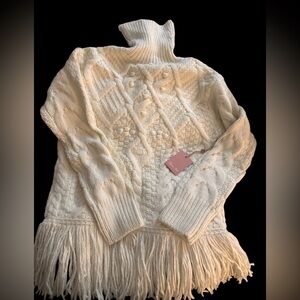 NWT DEX Room 34 Cream Turtleneck Fringe Hem Sweater wool blend- Size M. $109